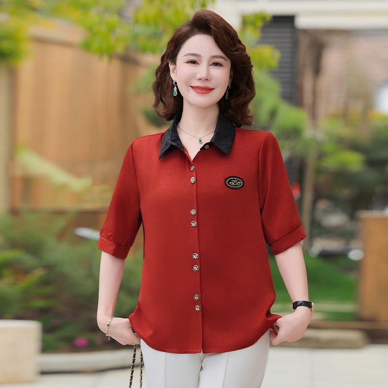 

Женская повседневная рубашка с рукавом 3/4, Лето 2025, Отложной воротник, Приталенный топ, Блузка для матери среднего возраста. 4XL (130-140 jin) красный