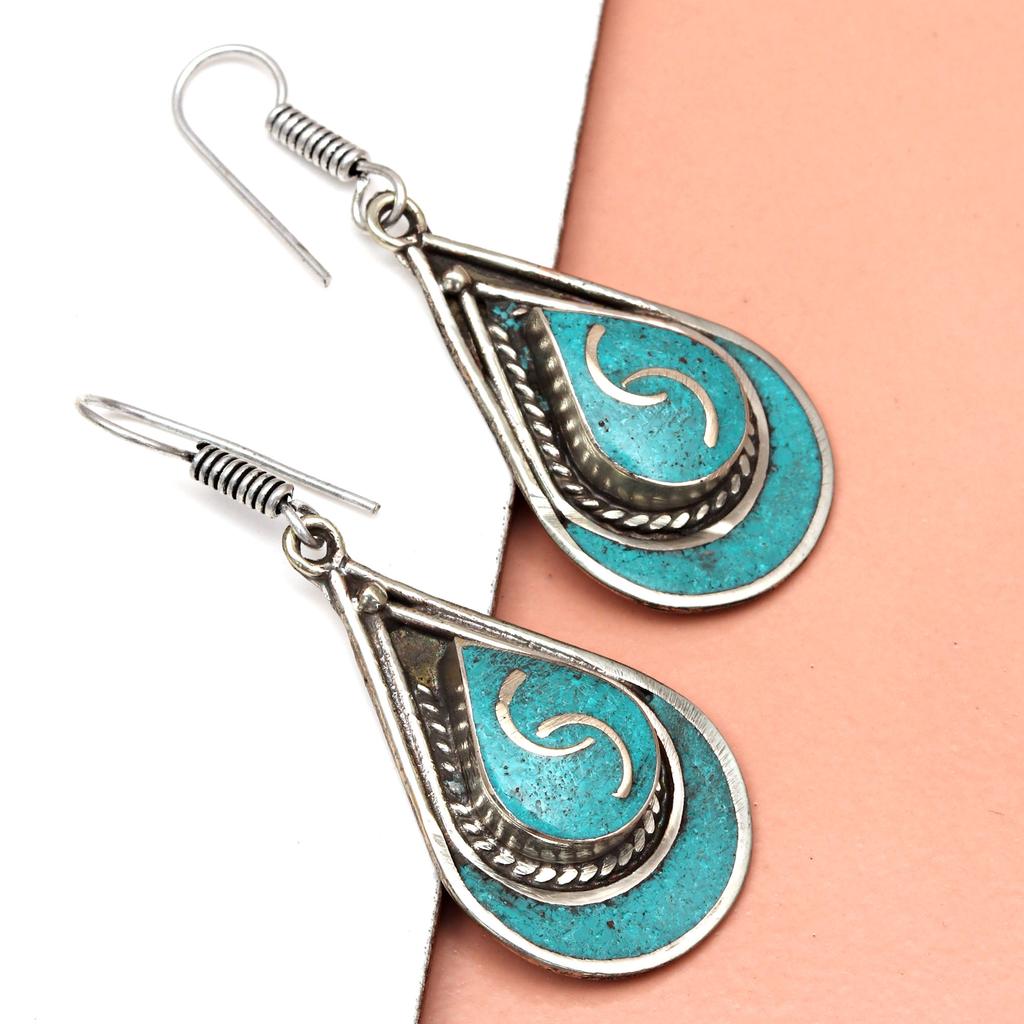 Boucles d'oreilles Tibétaines Turquoise Lapis Lazuli Népalaises Bijoux Faits Main Corail Tribal