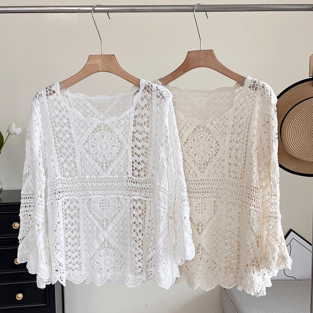DIMANAF 2024 T-Shirt Women Knitting Lace Vest O-Neck Hollow Summer Style Long Sleeve Basic White Tops Tees Loose Clothing Bei