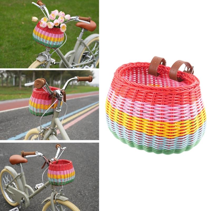 Bicycles Basket with Fasten Strap, Plastic Bicycles Front Basket for Kids Adjustable Bike Handlebar Storage Bike Basket