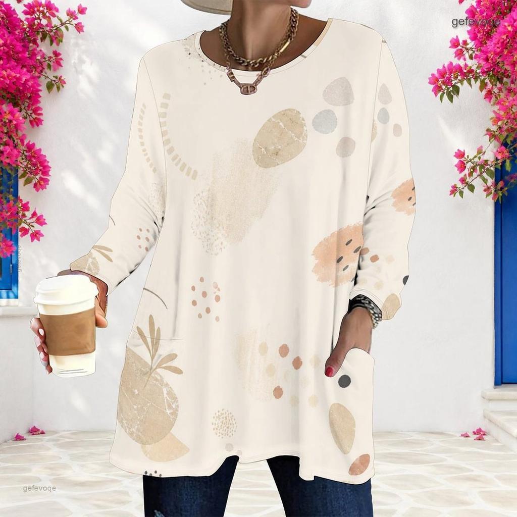 Women Plus Size Round Neck Long Sleeve Floral Plaid Printed Loose T Shirt With Pockets