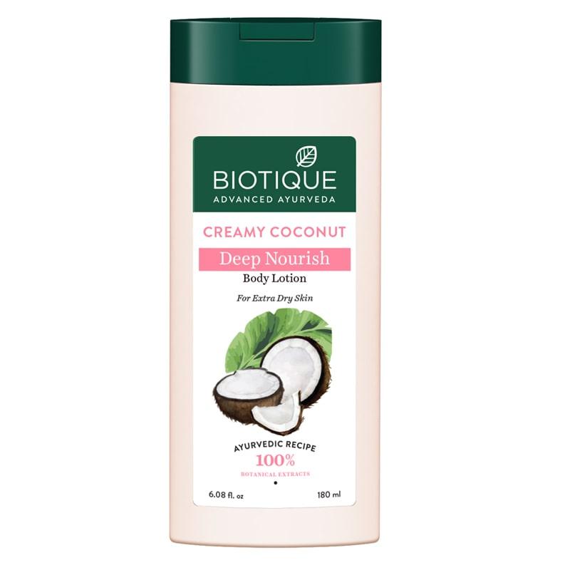 Biotique Creamy Coconut Body Lotion 180ml For Dry Skin, Deep Nourish & Repair, 100% Botanical Extracts, Moisturizing Hydration