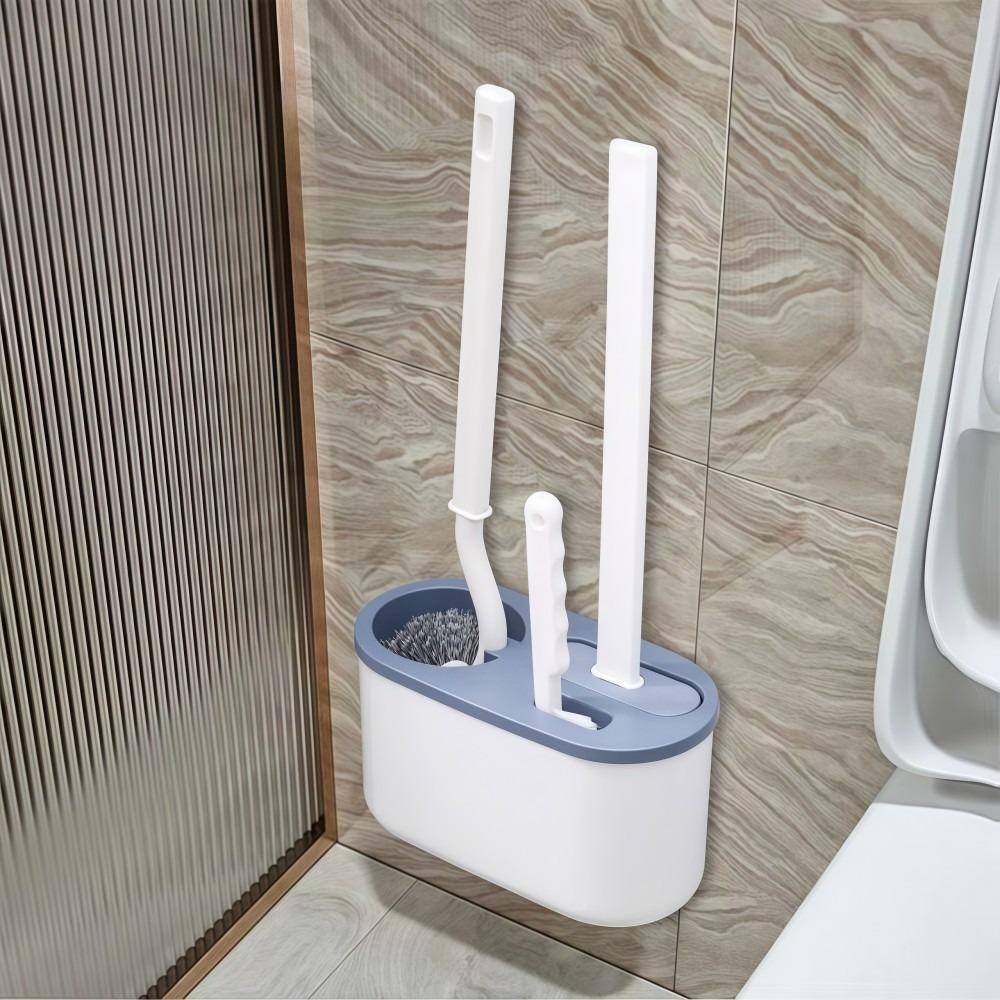 

3PCS 3-in-1 Toilet Brush Set Wall-Mounted 360° Cleaning Corner Gap Brush Set with Storage Box Long Handle синий
