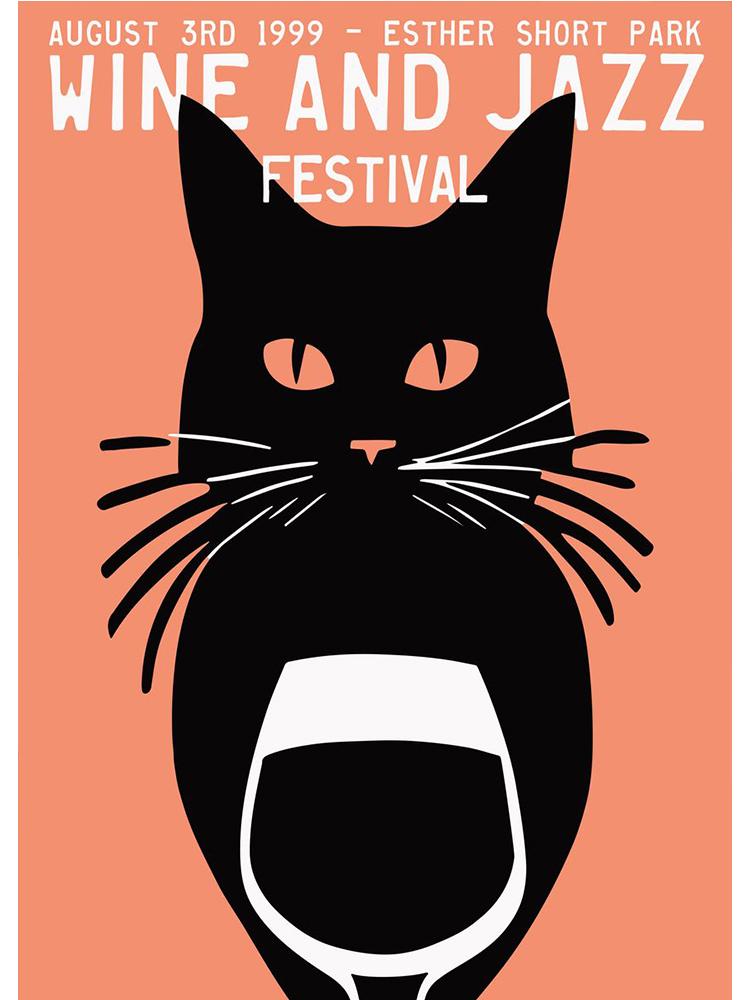 Retro Wein und Jazz Sommer Festival Poster Leinwand Malerei abstrakte Katzen trinken Wandkunst für moderne Wohnzimmer Home Decor