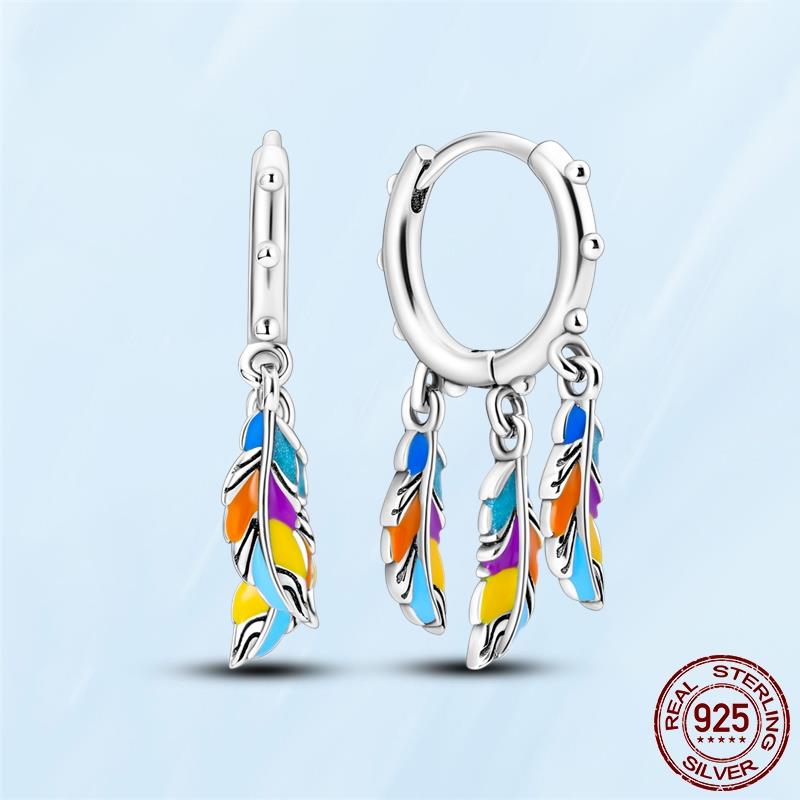 Real Original 925 Sterling Silver Daisy Flower Feather Hoop Heart Stud Earrings Fit Women Fashion Jewelry Engagement Party Gift
