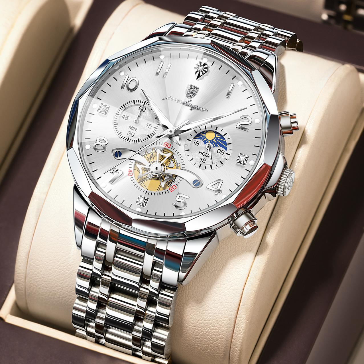 Luxury Original Stainless Steel Reloj Luminous Waterproof Chronograph Quartz Watch for Men 939 Silver White S