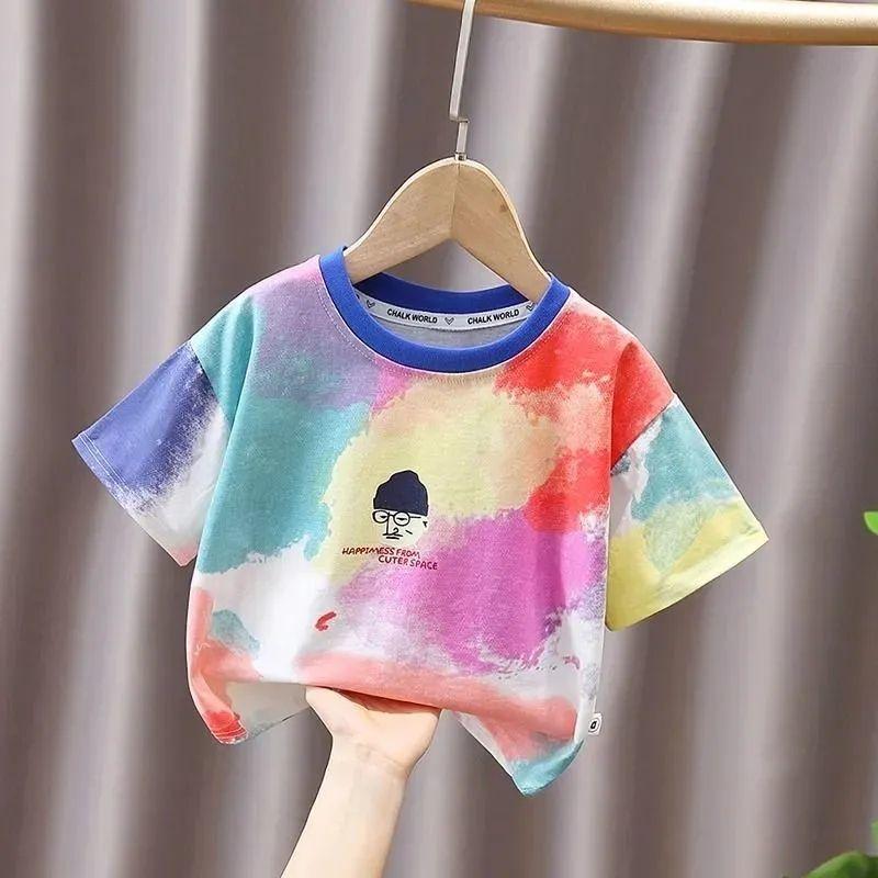

Летний новый цветной принт Tie Dye для девочек, индивидуальный повседневный модный универсальный топ с круглым вырезом для малышей 80 белый
