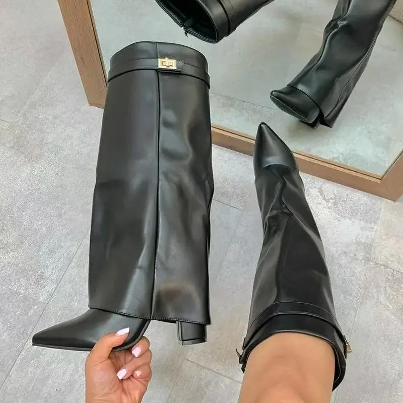 Elegant High Heel Mid-Calf Boots with Metal Buckles for Formal Banquets, Stylish Riding Boots for Women, Chunky Heel Dress Boots
