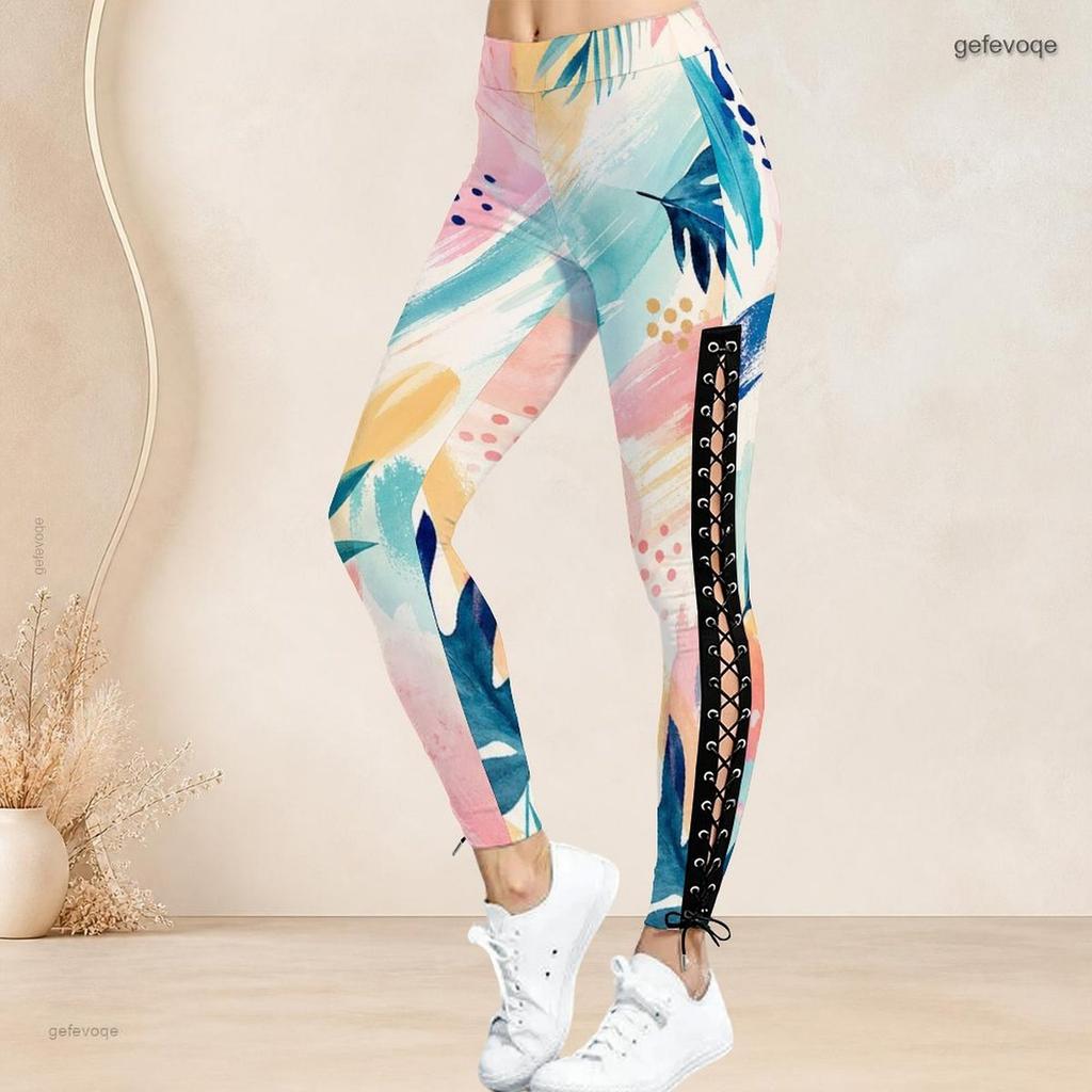 Women Plus Size High Waist Printed Side Eyelet Lace Up Full Length Leggings