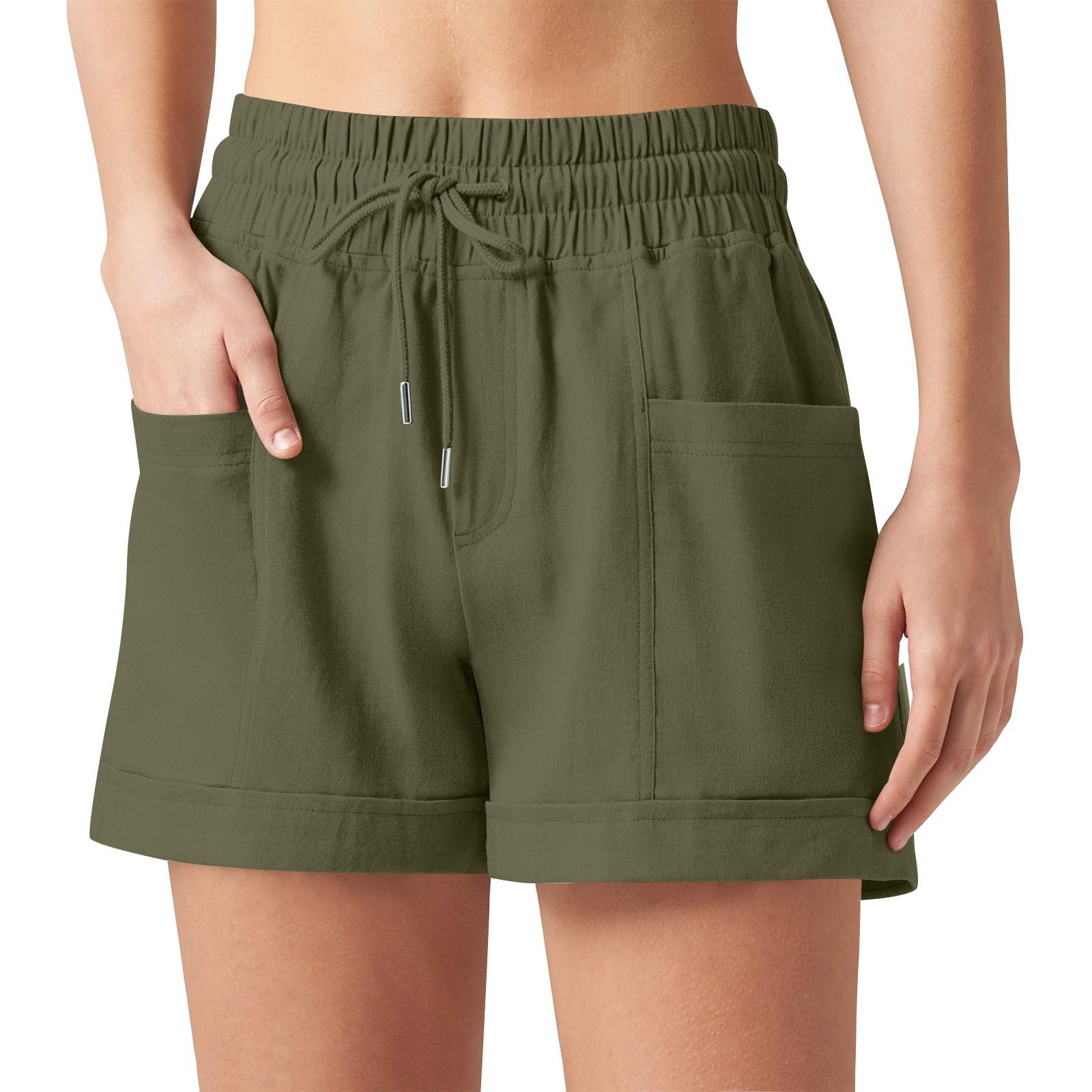 Women s Square Pocket Elastic Waist Drawstring Casual Cotton And Linen Shorts XL