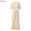 ZANZEA Women Short Sleeve Blouse and Cropped Pants Classic Two Piece Suit Sets