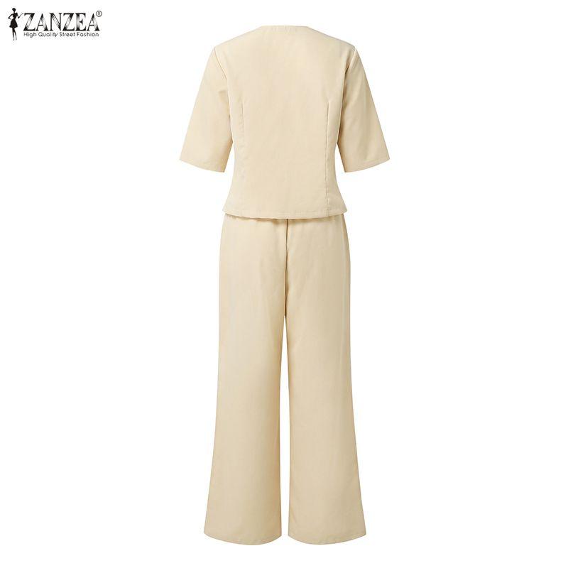 ZANZEA Women Short Sleeve Blouse and Cropped Pants Classic Two Piece Suit Sets