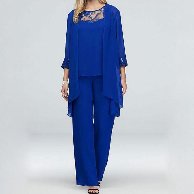

Элегантные брючные костюмы для матери невесты больших размеров, комплект из 3 предметов, женский свадебный формальный шифоновый вечерний наряд 5XL синий