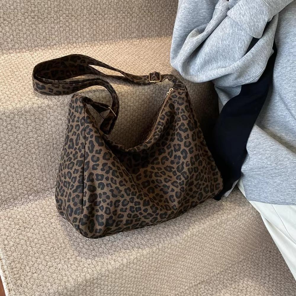Large Capacity Leopard Print Bag Casual Soft Textile Women's Shoulder Bag Female Retro Crossbody Bag For Commute Outings