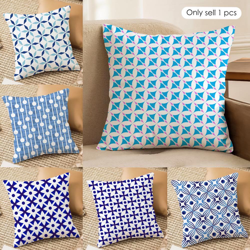 Blue White Geometric Cushion Cover Soft Plush Fabric DoubleSided Printed Cushion Covers for All Seasons Modern HomeDecor Gift