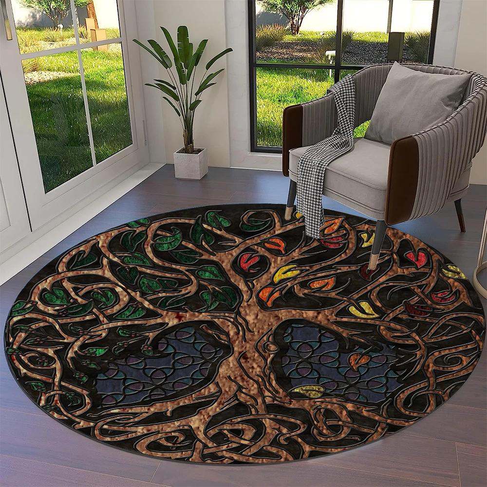 Tree of Life Viking Yggdrasil Valknut Round Carpet Rug for Living Room Bedroom Sofa Decor,Kid Paly Area Rug Non-slip Floor Mat