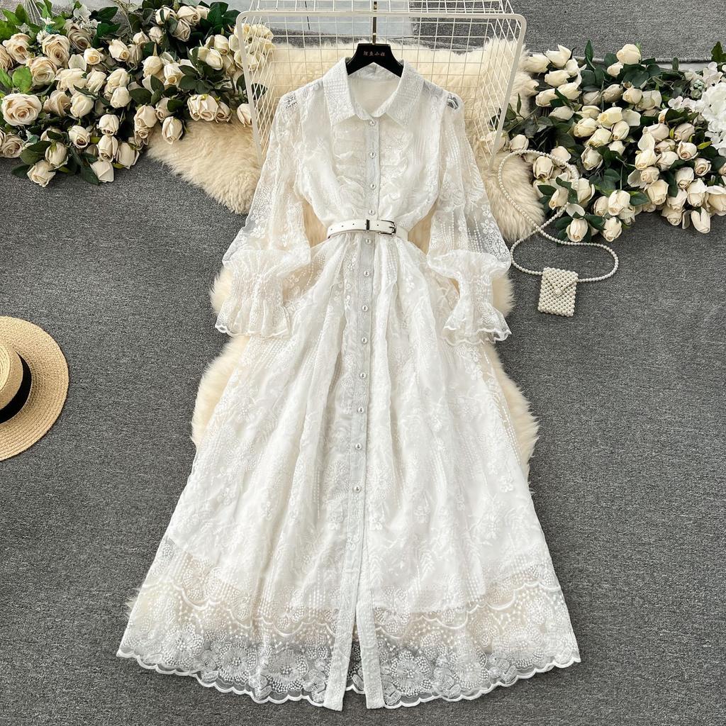 Women's Heavy Embroidery Ruffles Slim Fit Long Lace Dress