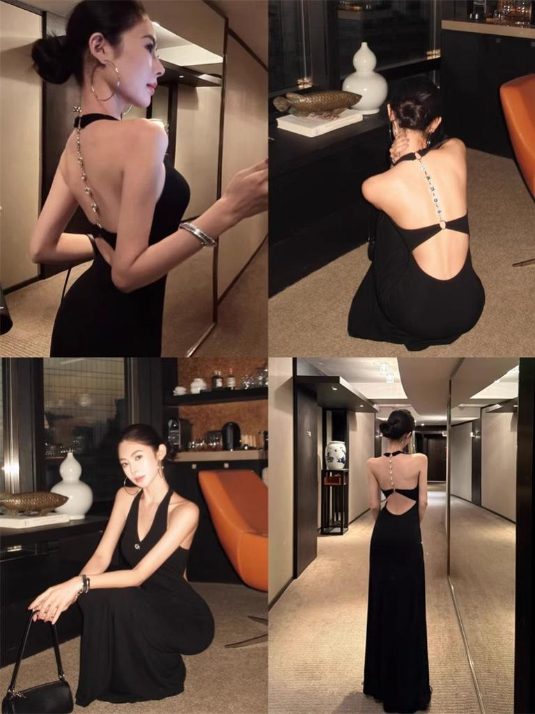 Design Halter Neck Dress Female Summer Royal Sister Style Slim Dress Long Dress Black Temperament Hip Skirt