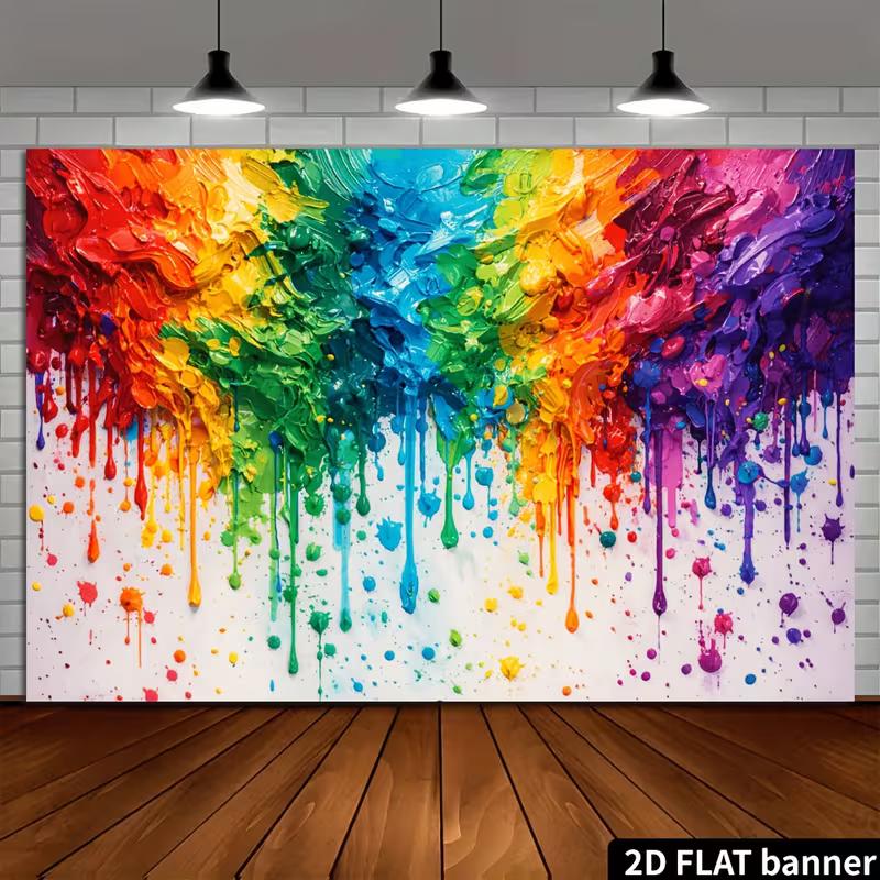 Arazzo da Parete 2D con Pittura a Goccia Arcobaleno, Sfondo Astratto Colorato con Arte Fluida per Arredamento Domestico
