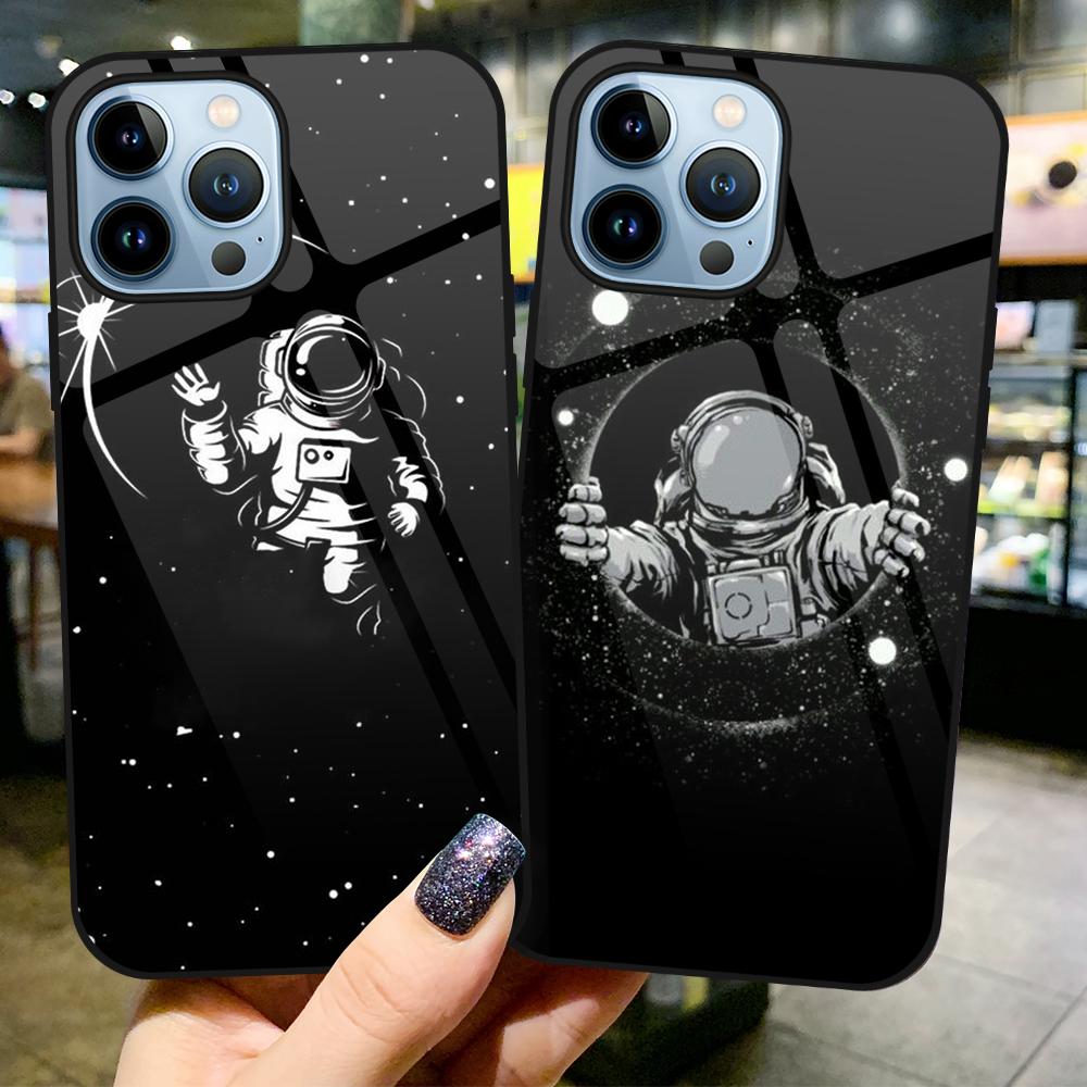 Mond Astronaut Fundas Fall Für Iphone 14 13 11 12 Pro Max Mini Xs Xr X 7 8 6s Plus Se 2022 Gehärtetes Glas Luxus Abdeckung Coque