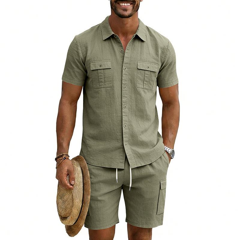 Men's Linen Solid Color Casual Holiday Shirt and Shorts Set