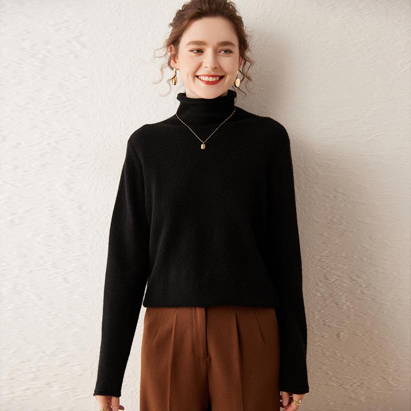 Women's Cashmere Sweater with Rolled Hem and Pile Collar – Solid Color, Loose Knit Pullover for Autumn and Winter