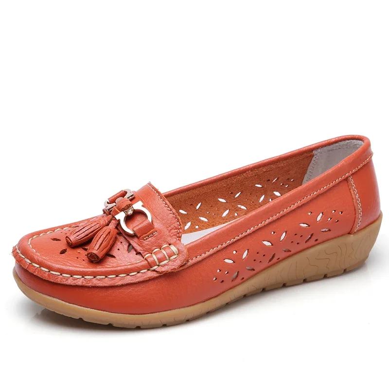 Lightweight Breathable Genuine Leather Moccasins Ladies Non-Slip Bean Walking Shoes Fashion Summer Hollow Slip-On Sandals Women