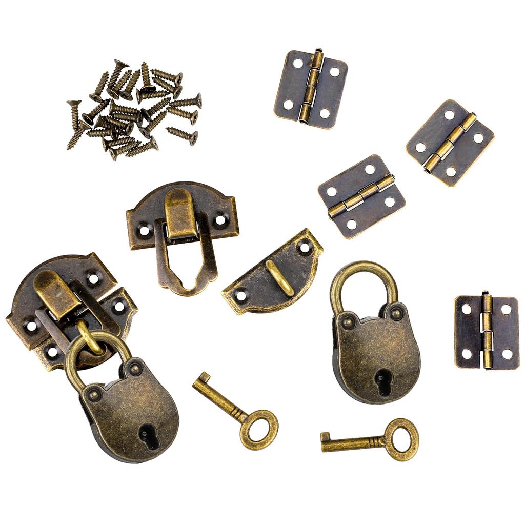 2er-Set Antik-Bronze Riegelverschluss 27 x 30 mm Riegelverschluss Mini-Boxscharniere und Liebesschlösser mit Schlüsseln Dekorative Schloss schnalle mit Schrauben für Schmuck Woo