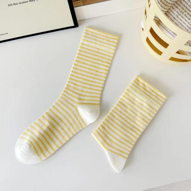 Striped Solid-color Postpartum Socks, Women's Mid-calf Socks, Spring and Autumn Trendy Versatile Cotton Socks, Loose-fitting Long Socks