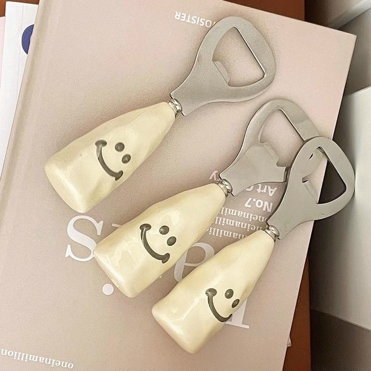 Cute smiling face beer bottle opener ceramic handle can stand up bottle opener creative stainless steel cap opener
