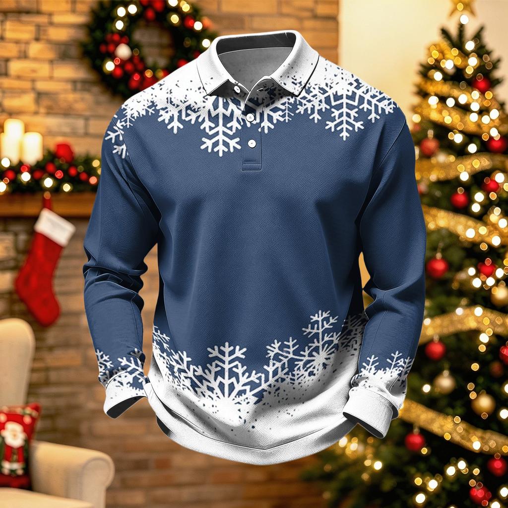 Men's Casual Quick-Dry Mesh Golf Shirt Long Sleeve Christmas Print Top