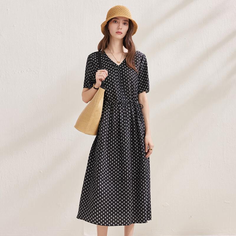 Zhaojun Mulberry Silk French Print Short Sleeve Dress