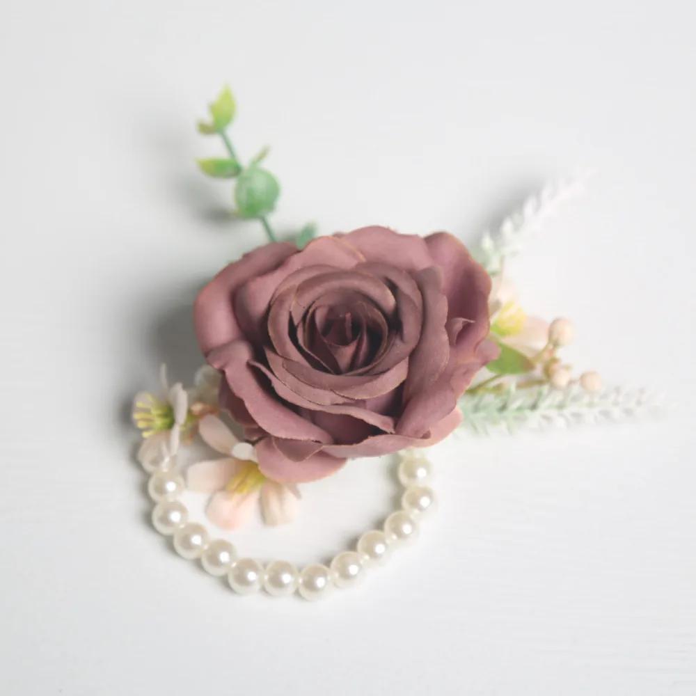 6pcs Rustic Artificial Rose Boutonniere Corsage Set Dusty Rose White Wristband Prom Suit Flowers for Wedding Ceremony