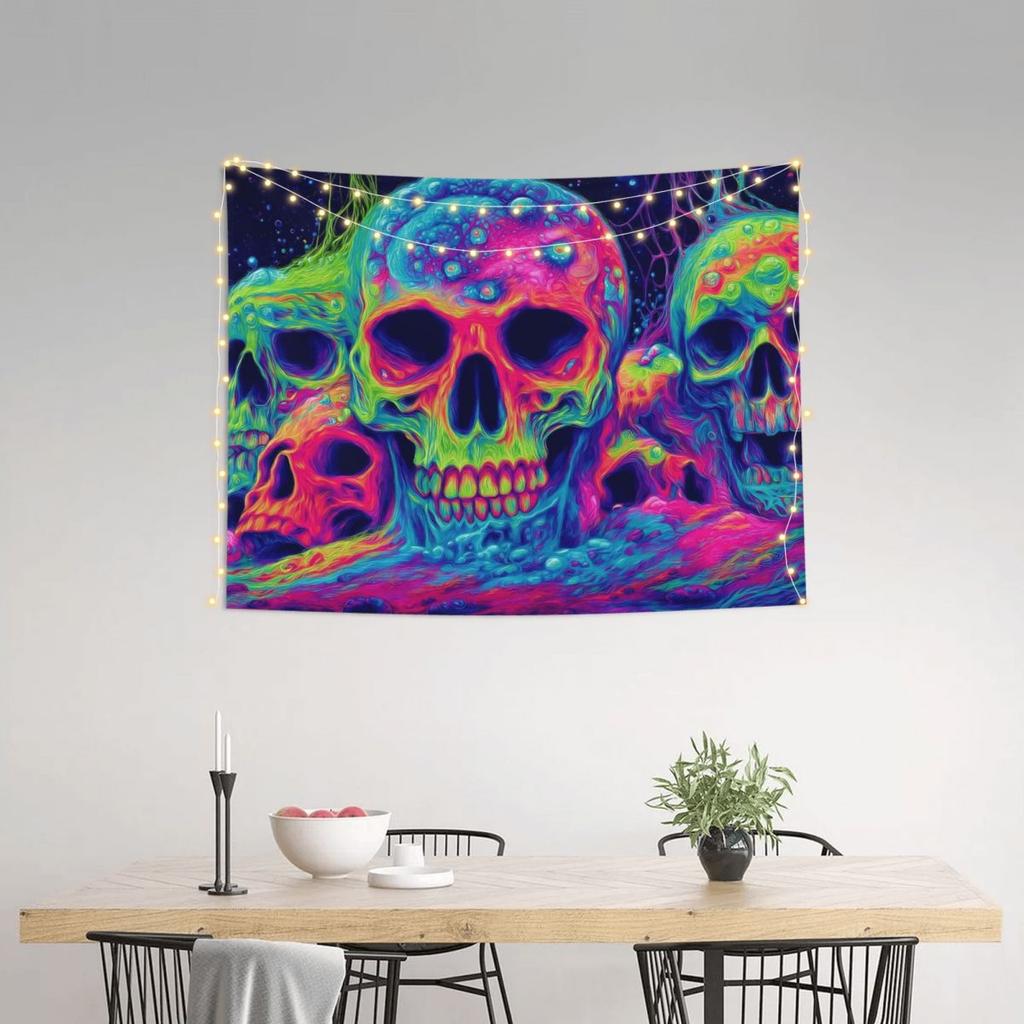 Psychedelic Skull Halloween Tapestry Wall Hanging Printed Polyester Tapestry Ins Throw Rug Blanket Wall Decor Tapiz