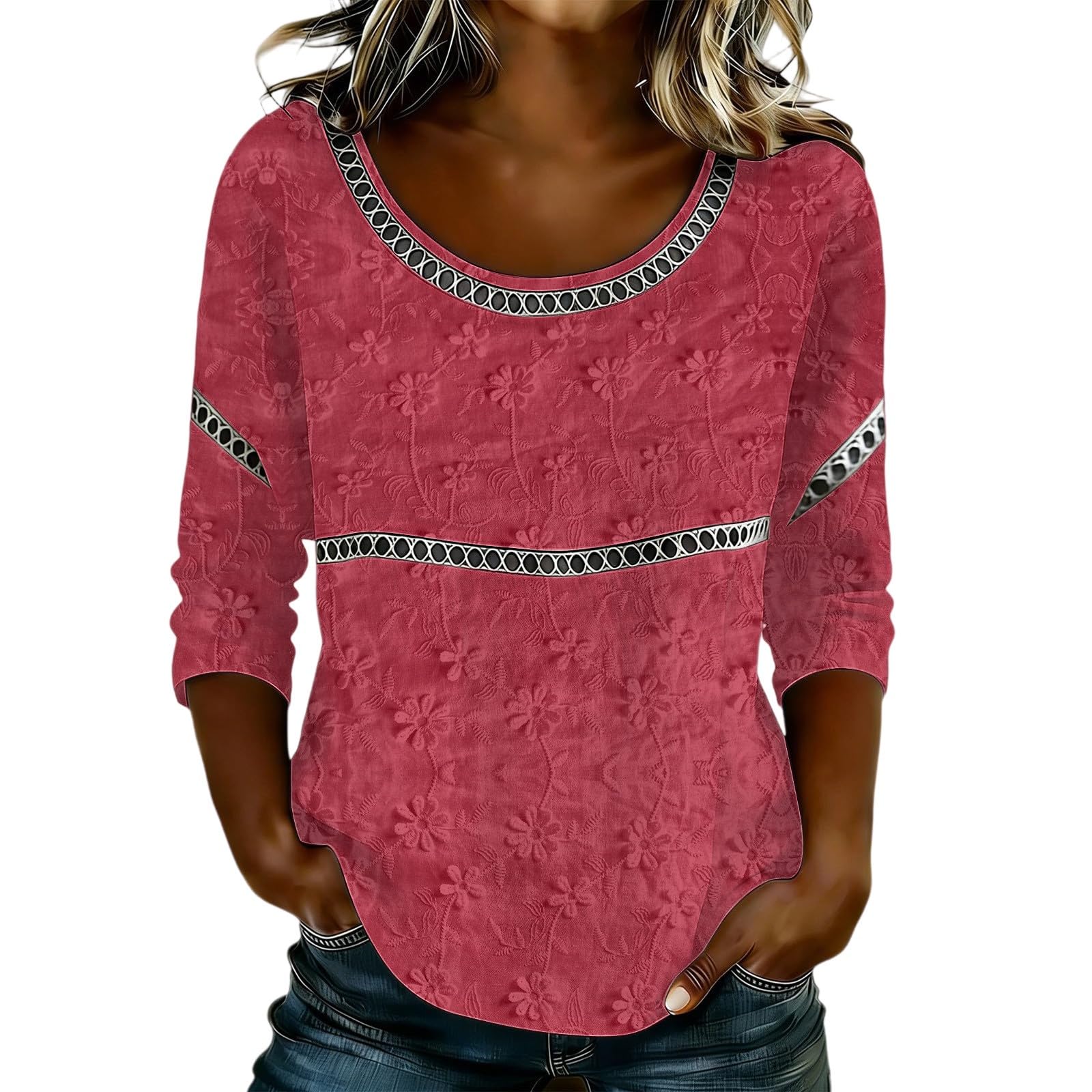 Women s Fashionable Casual Floral Print Seven Quarter Sleeved Round Neck T-Shirt Top S красный