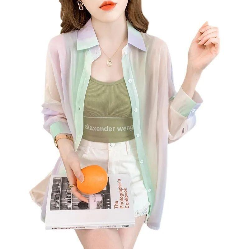 Turn-down Neck Long Sleeved Shirt And Blouses Gradient Rainbow Color See-through Thin Women Clothing Loose Top Shirt Casual