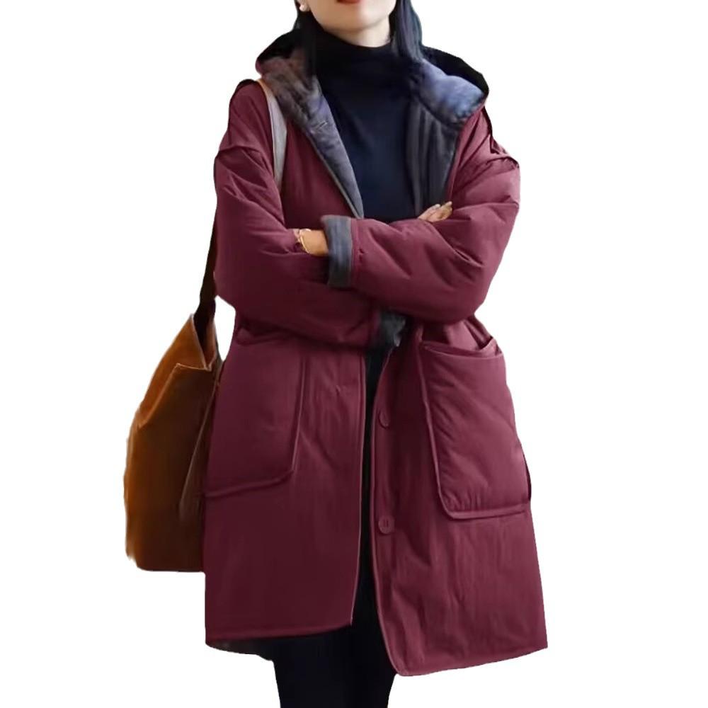Stylish Women's 2024 Winter Hooded Quilted Cotton Coat – Mid-Length, Thickened, Warm, and Loose-Fitting.