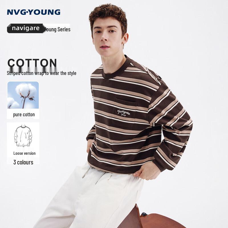 NVG·YOUNG Men s Casual Striped Cotton Long-Sleeve T-Shirt M
