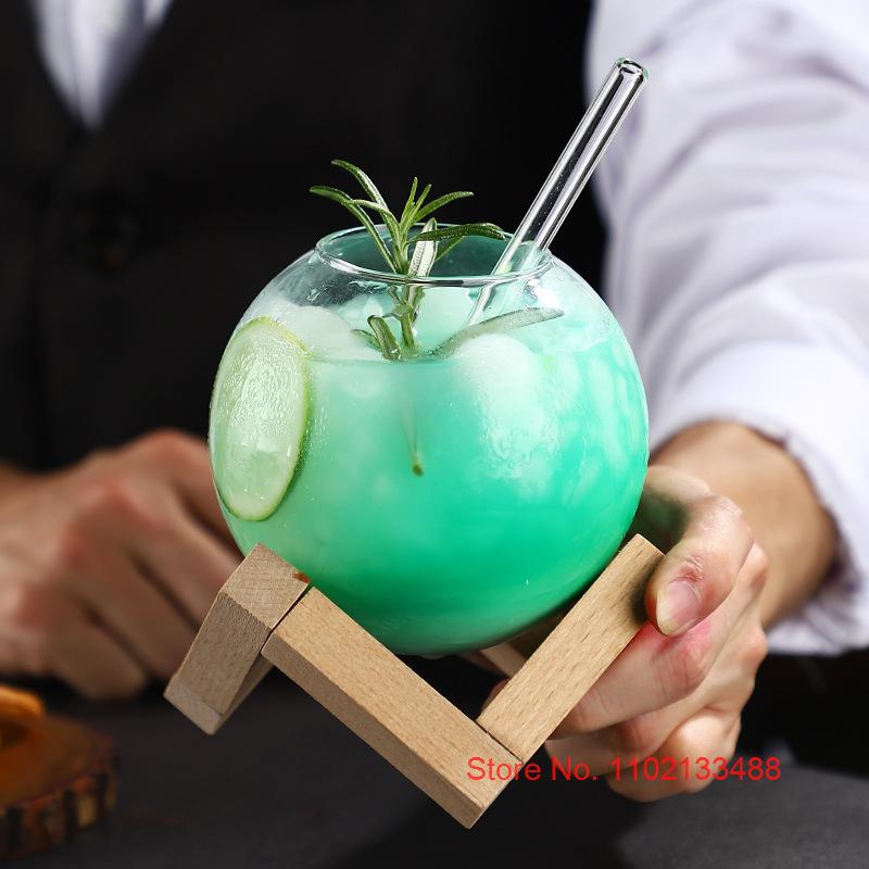 475ml Clear Moon Cocktail Glass With Wood Stand Unique Shape Bar Glassware Drum Drink Cup Ronud Ball Cocktail Cup Smoothie Bowl
