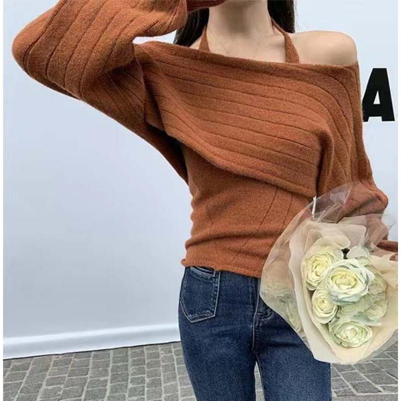 Design sense one-word neck sweater women's two-piece set autumn and winter new sexy off-the-shoulder temperament knitted sweater women