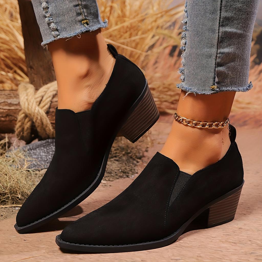 Pointed Toe Chunky Heel Shoes - All-Season Comfort, Black Faux Cover with Golden Accents, Casual & Office Wear Perfect for Daily Commut