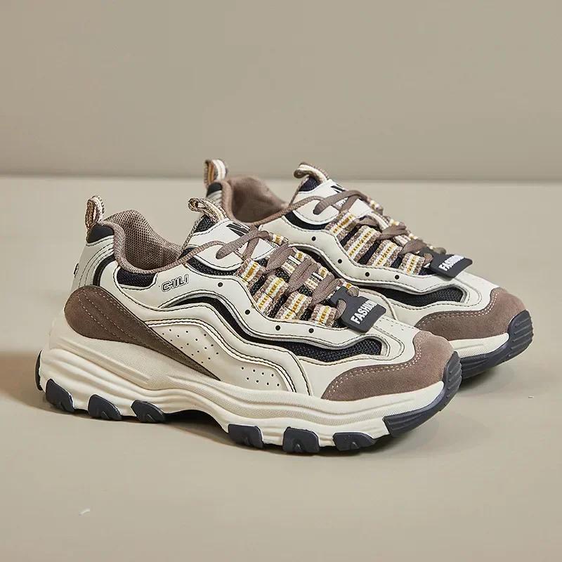 

Женская спортивная обувь 2024 Осень Новая Толстая подошва Круглый носок Спортивная обувь Модная, Легкая, с мягкой подошвой Повседневная обувь 35 бежевый