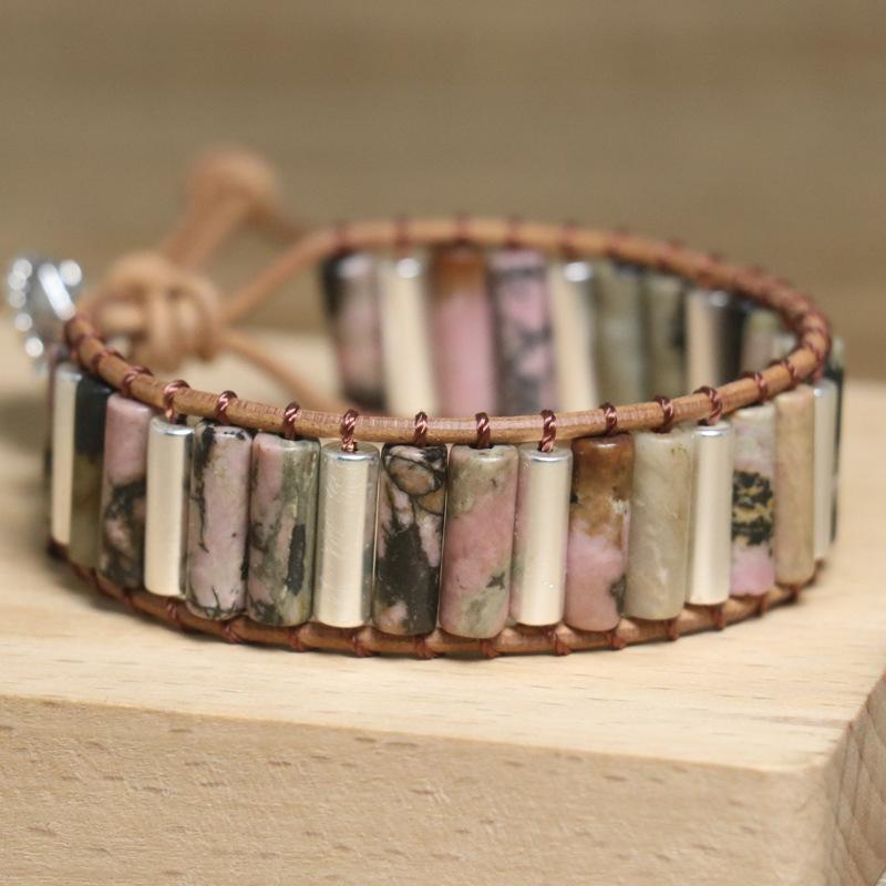 Rhodonite Mixed Stone Tube Wrap Bracelet – Silver Accent Leather Boho Jewelry, Love Grounding Gift for Men Women