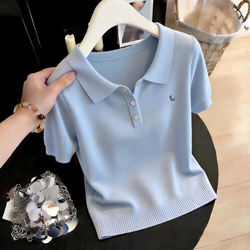 Summer New Style Women's Sweet Style Polo-neck Short-sleeved T-shirt Knitted Top