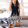 Women Summer  Print Hollow Out Sleeveless Loose Tank Mid Dresses