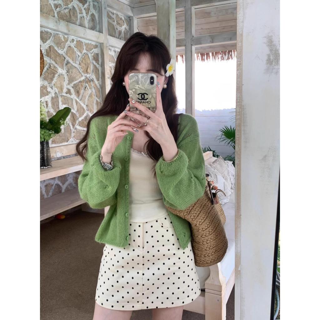 Kardigan damski z miękkiego moheru na wiosnę/lato 2025 - Krótki, delikatny, ażurowy wzór