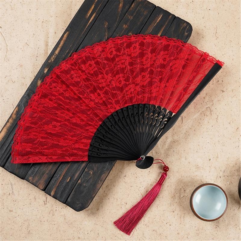 Breathable Lace Fabric Foldable Hand Fan Vintage Dancing Party Props Fabric Handheld Fan Home Decoration Festival Gift