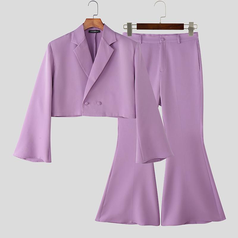 

INCERUN Men Outfits Long Sleeve Cropped Tops and Long Flare Pants Casual Two Pieces Sets S