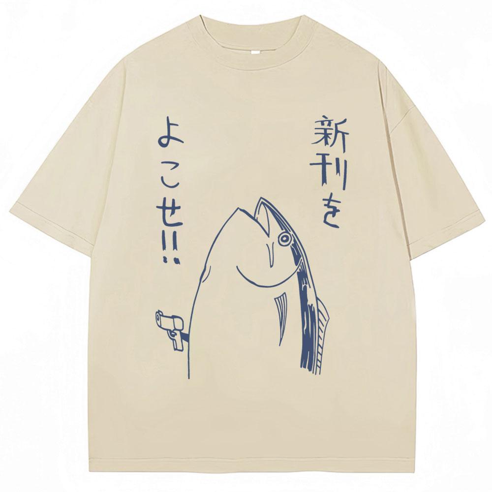 Japanese Style Fish Hold Up Meme Funny Graphic T Shirts Unisex Unisex Vintage Fashion TShirt Cotton Oversized ONeck Casual T Shirt