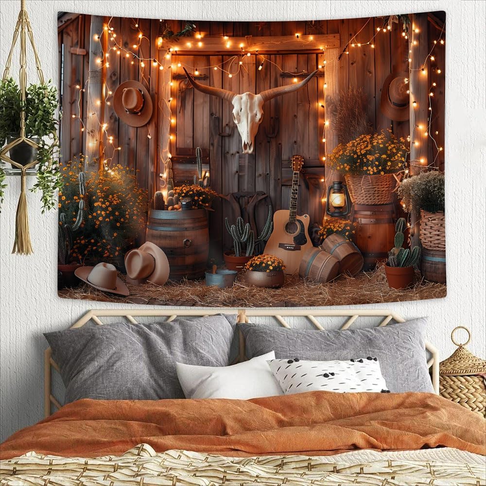 Western Boho Wall Tapestry Aesthetic Southwest Country Ranch Tapestry Retro Rustic Barn Door with Bull Skull Desert Cactus Cowboy Guitar Texas Hippie